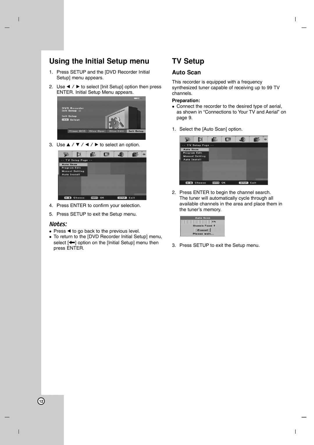 LG Electronics DR7400 owner manual Using the Initial Setup menu, TV Setup, Auto Scan, Preparation 