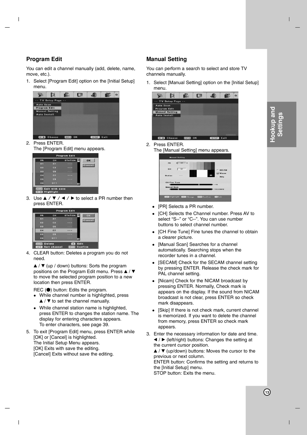LG Electronics DR7400 owner manual Program Edit, Manual Setting, Hookup and Settings 