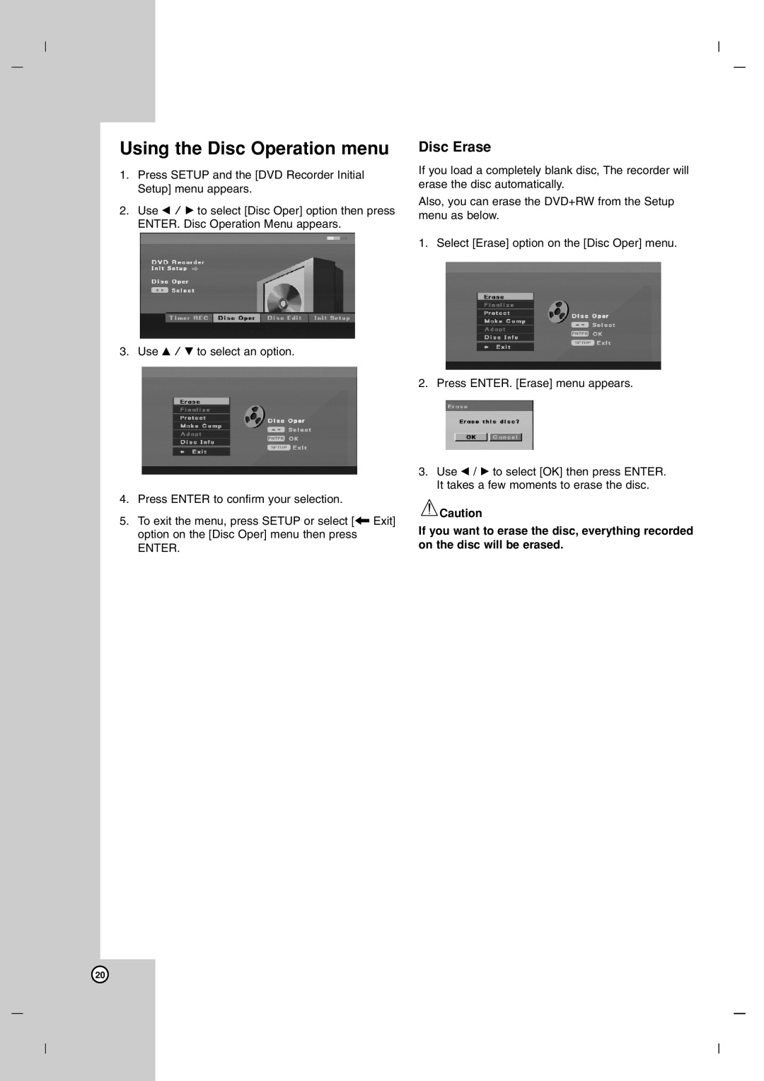 LG Electronics DR7400 owner manual Using the Disc Operation menu, Disc Erase 