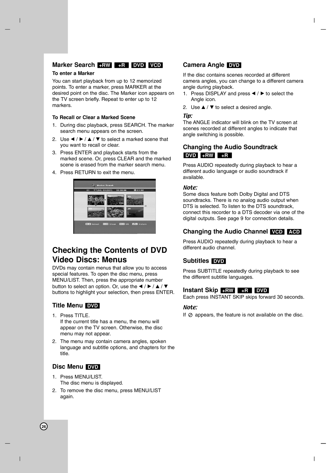 LG Electronics DR7400 Checking the Contents of DVD Video Discs Menus, Marker Search +RW +R DVD VCD, Title Menu DVD 