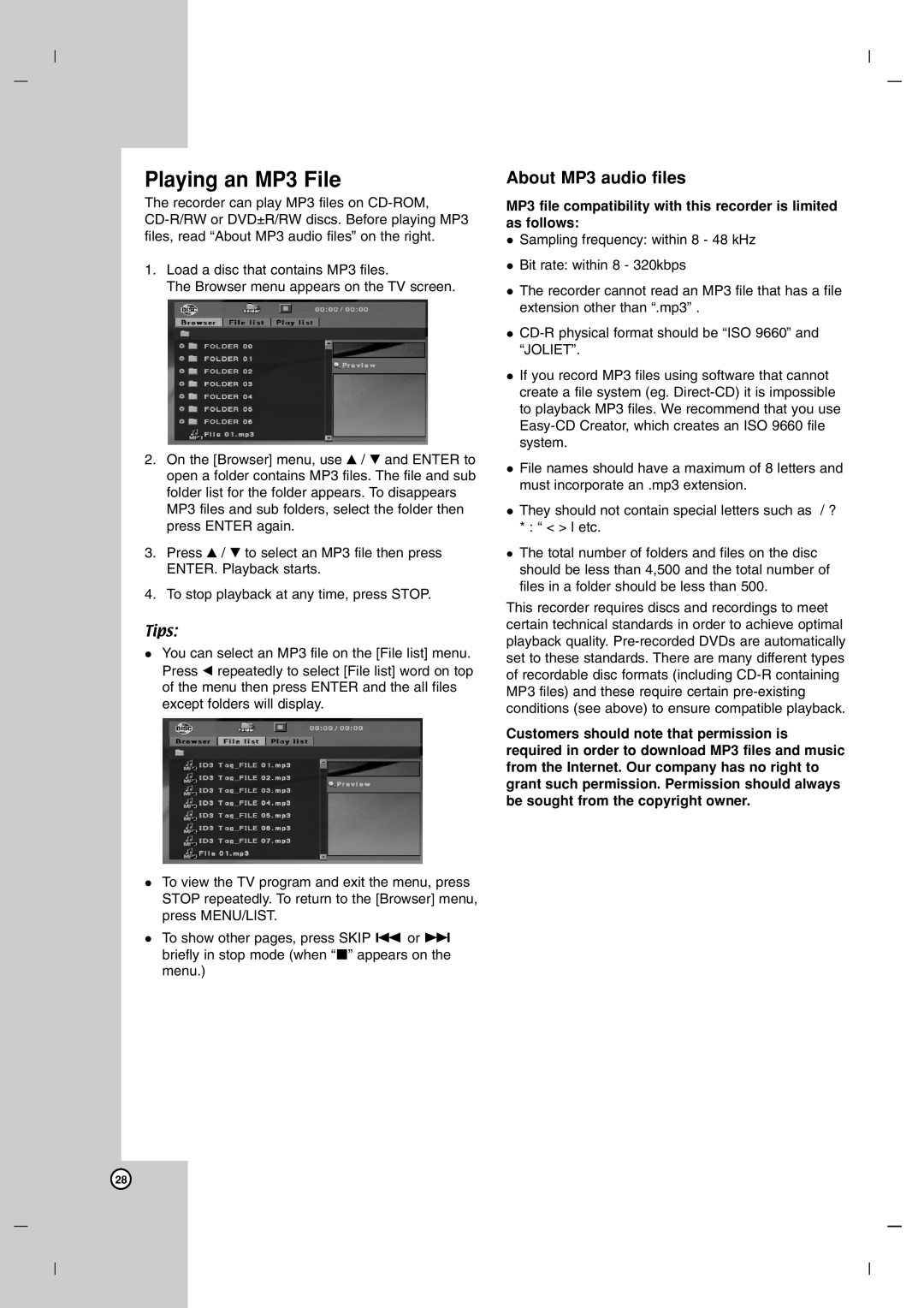 LG Electronics DR7400 owner manual Playing an MP3 File, About MP3 audio files 