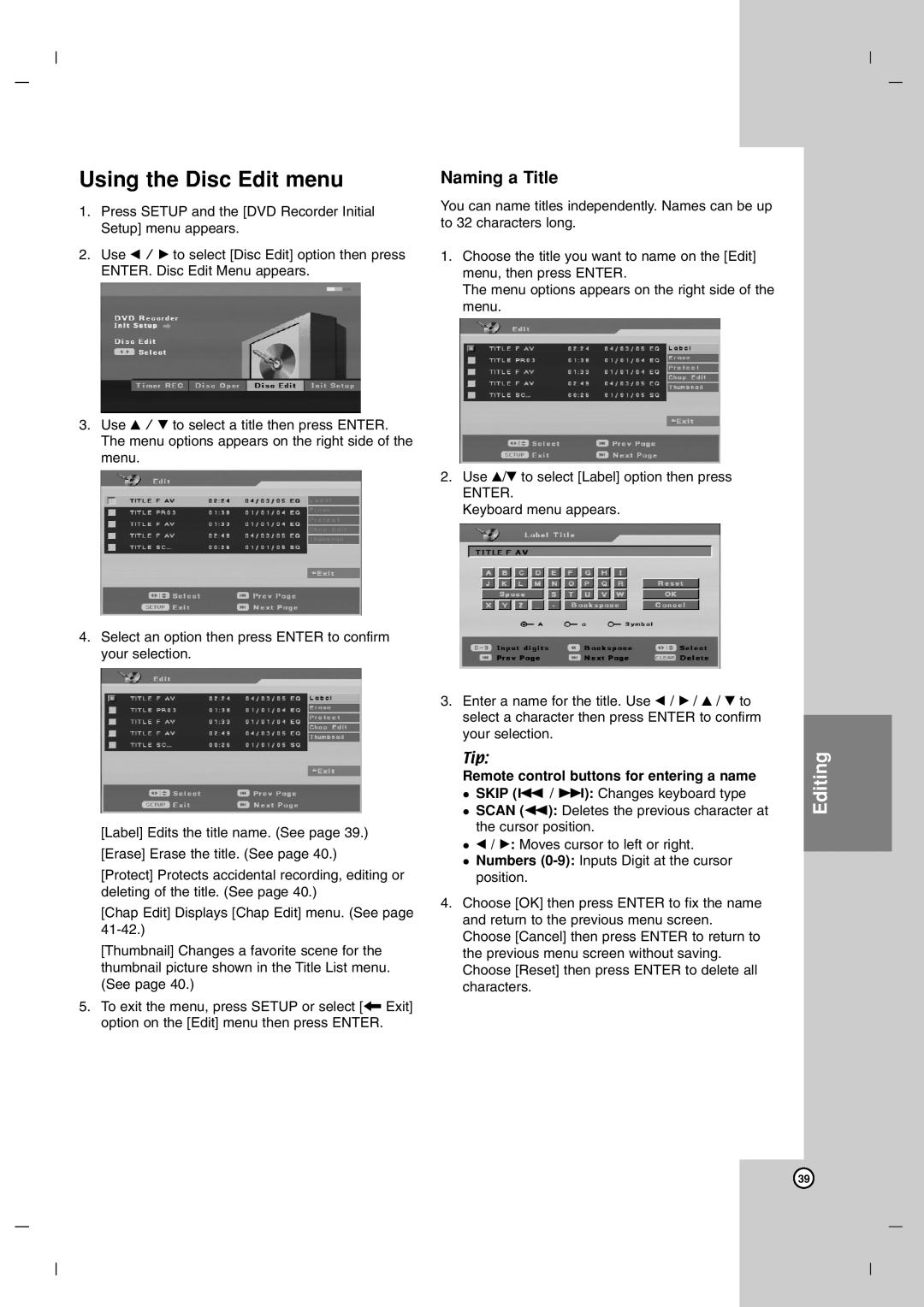 LG Electronics DR7400 owner manual Using the Disc Edit menu, Naming a Title, Editing 