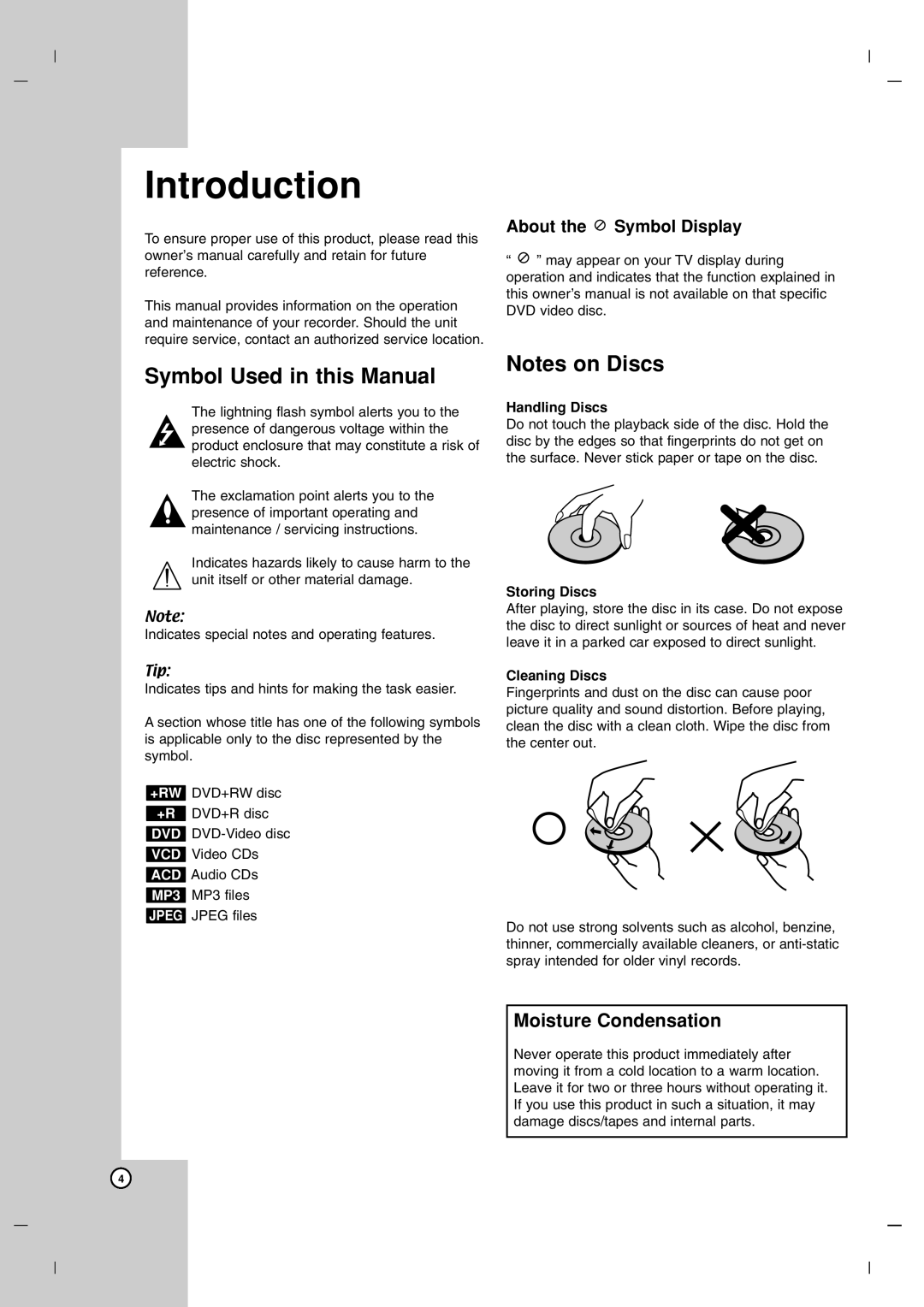 LG Electronics DR7400 Introduction, Symbol Used in this Manual, Notes on Discs, About the Symbol Display, Handling Discs 