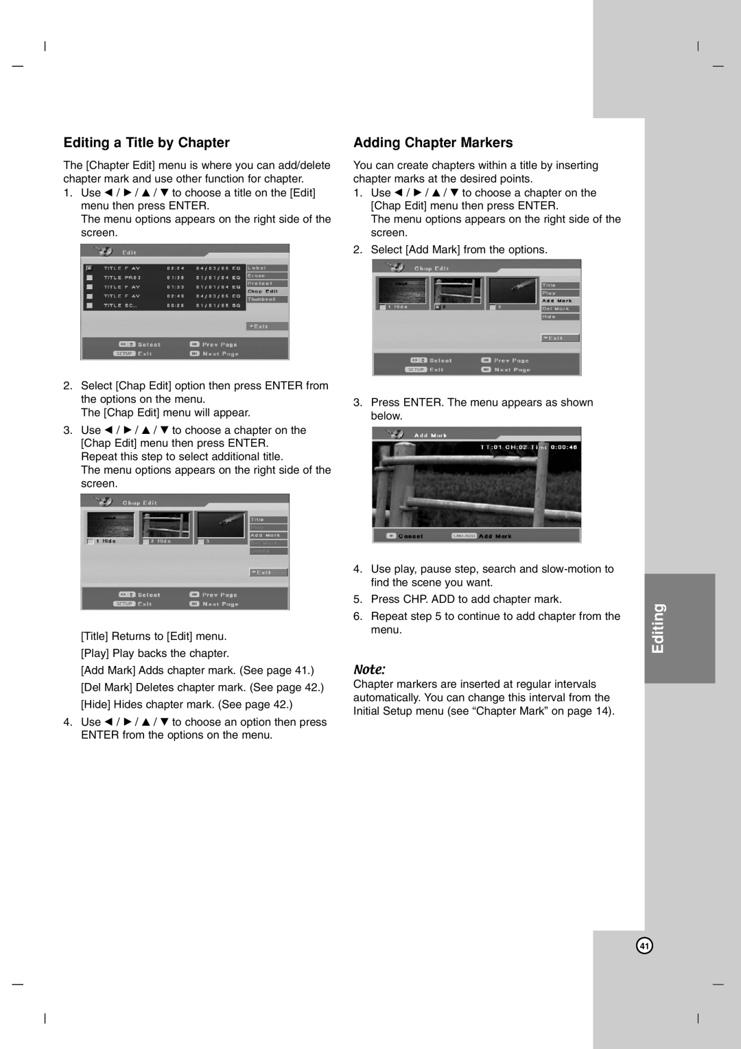 LG Electronics DR7400 owner manual Editing a Title by Chapter, Adding Chapter Markers 