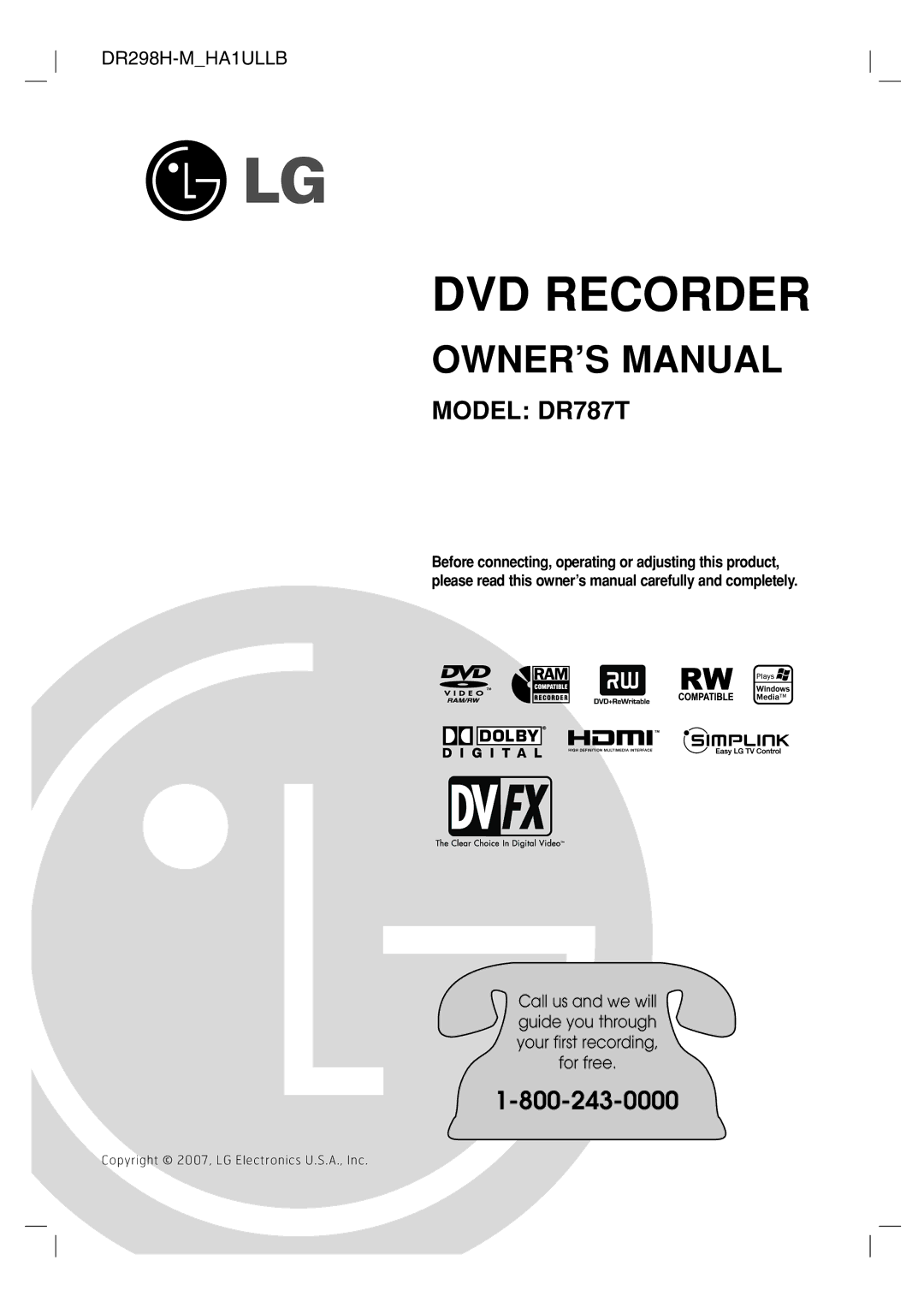 LG Electronics DR787T owner manual DVD Recorder 