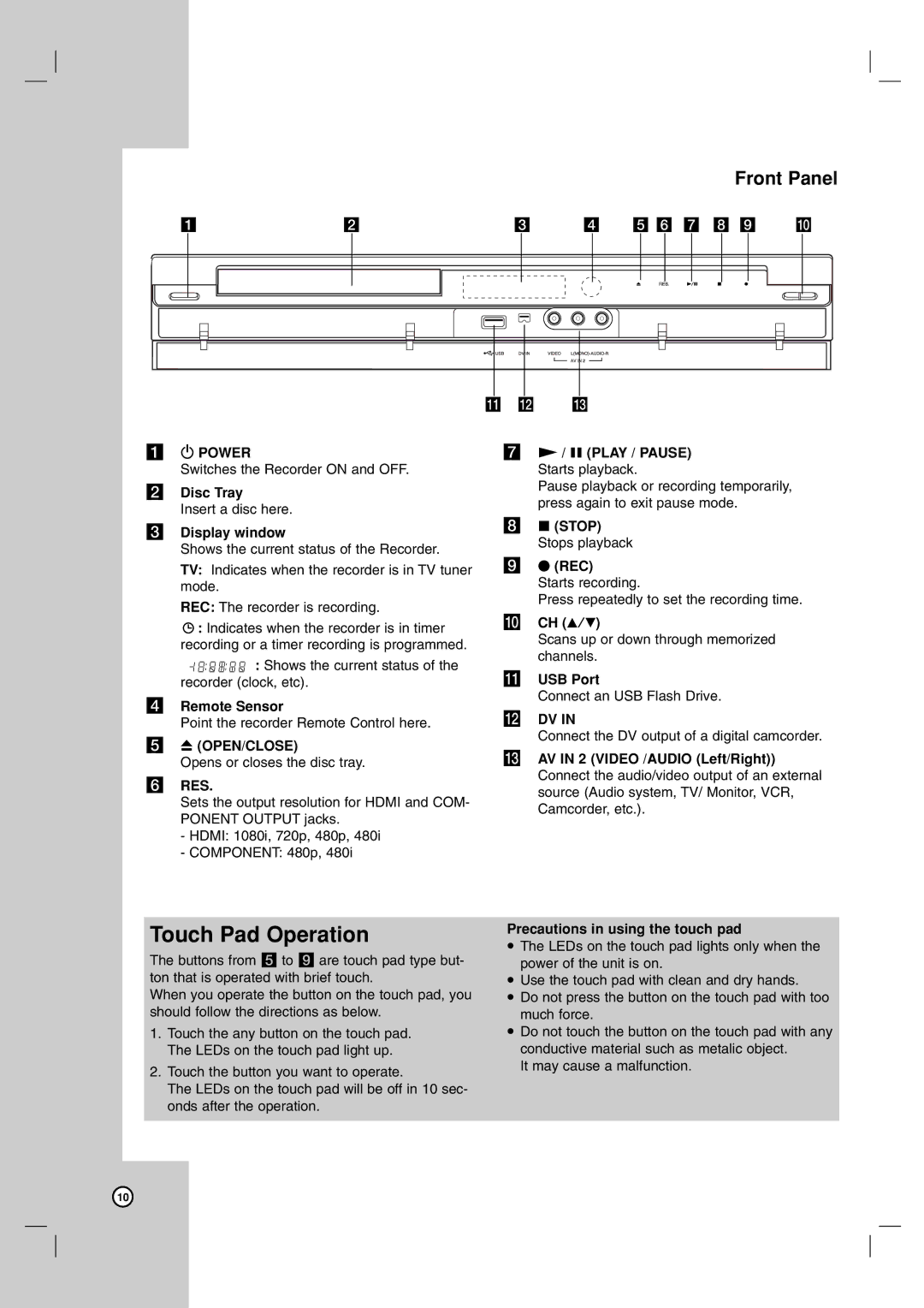 LG Electronics DR787T owner manual Touch Pad Operation, Front Panel 