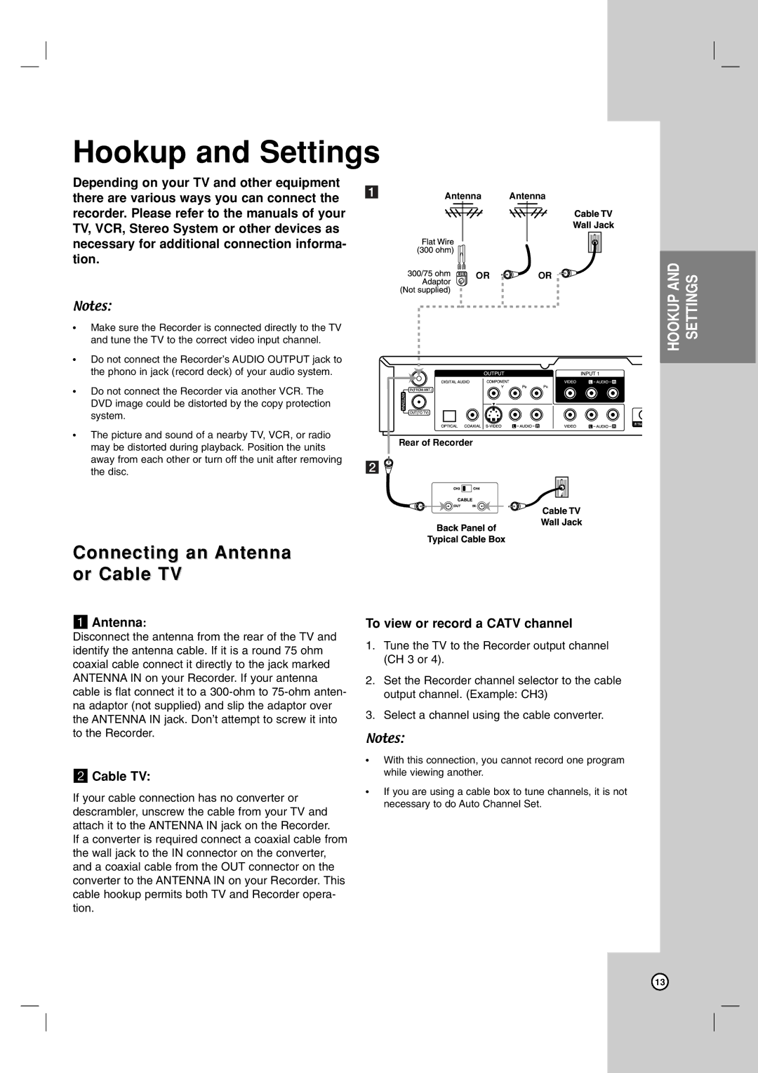 LG Electronics DR787T owner manual Hookup and Settings, Connecting an Antenna or Cable TV, To view or record a Catv channel 