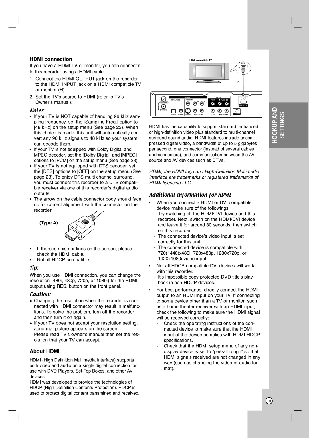 LG Electronics DR787T owner manual Hdmi connection, About Hdmi, Type a 