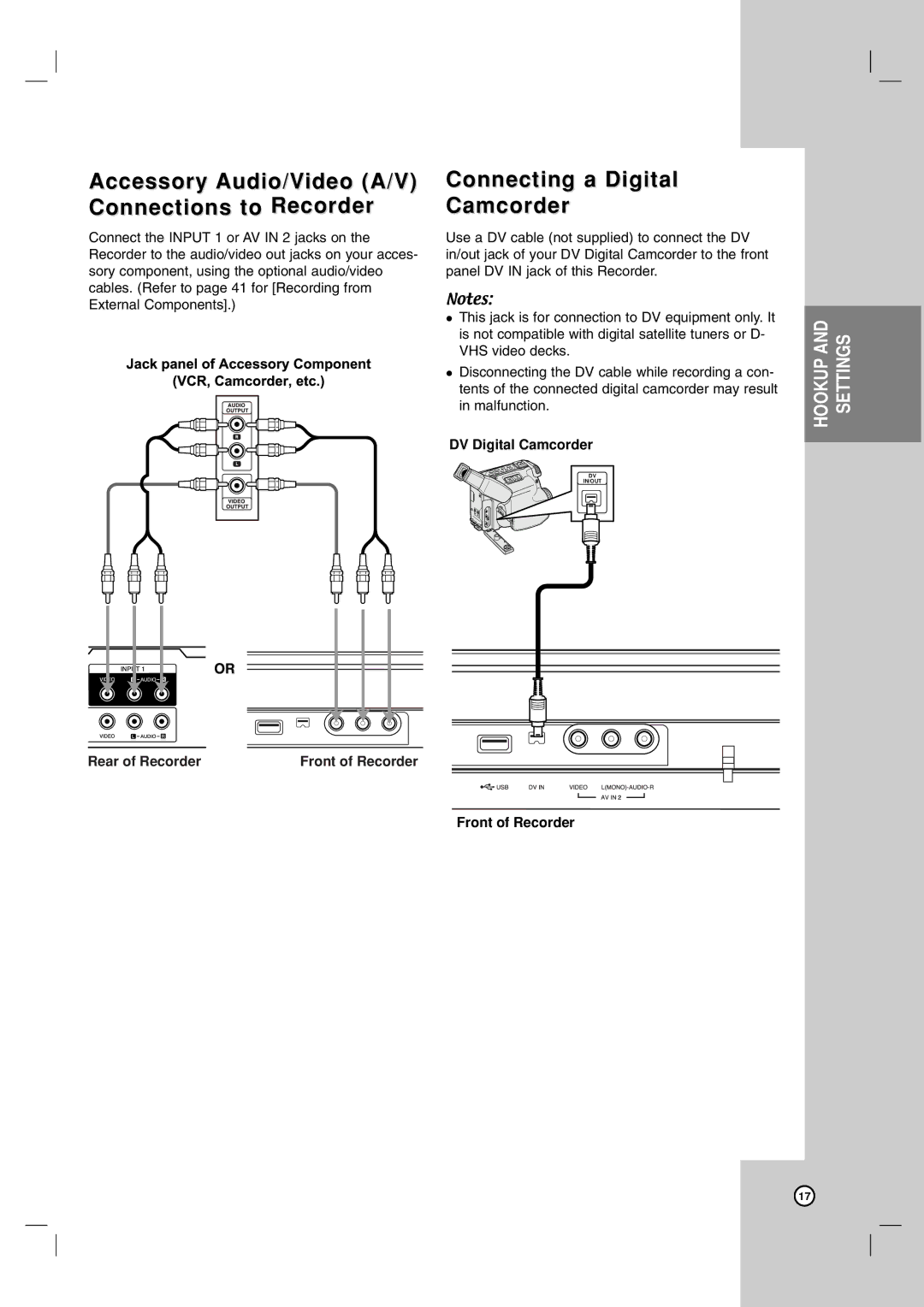 LG Electronics DR787T owner manual Accessory Audio/Video A/V Connections to Recorder, Connecting a Digital Camcorder 