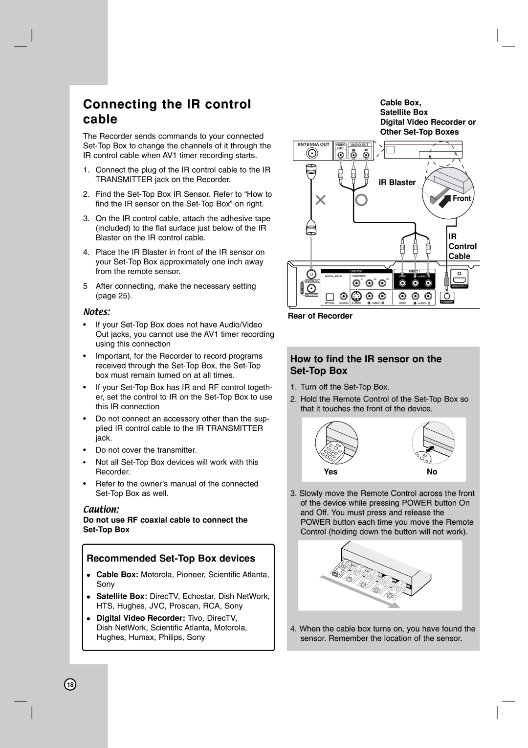 LG Electronics DR787T owner manual Connecting the IR control cable, How to find the IR sensor on the Set-Top Box 