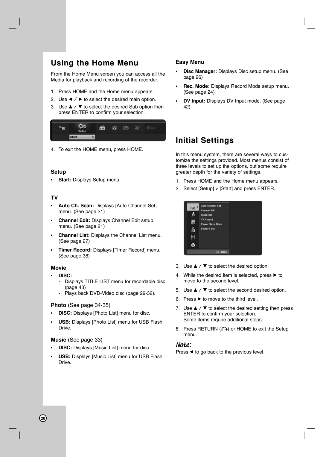 LG Electronics DR787T owner manual Using the Home Menu, Initial Settings, Easy Menu, Setup, Movie 