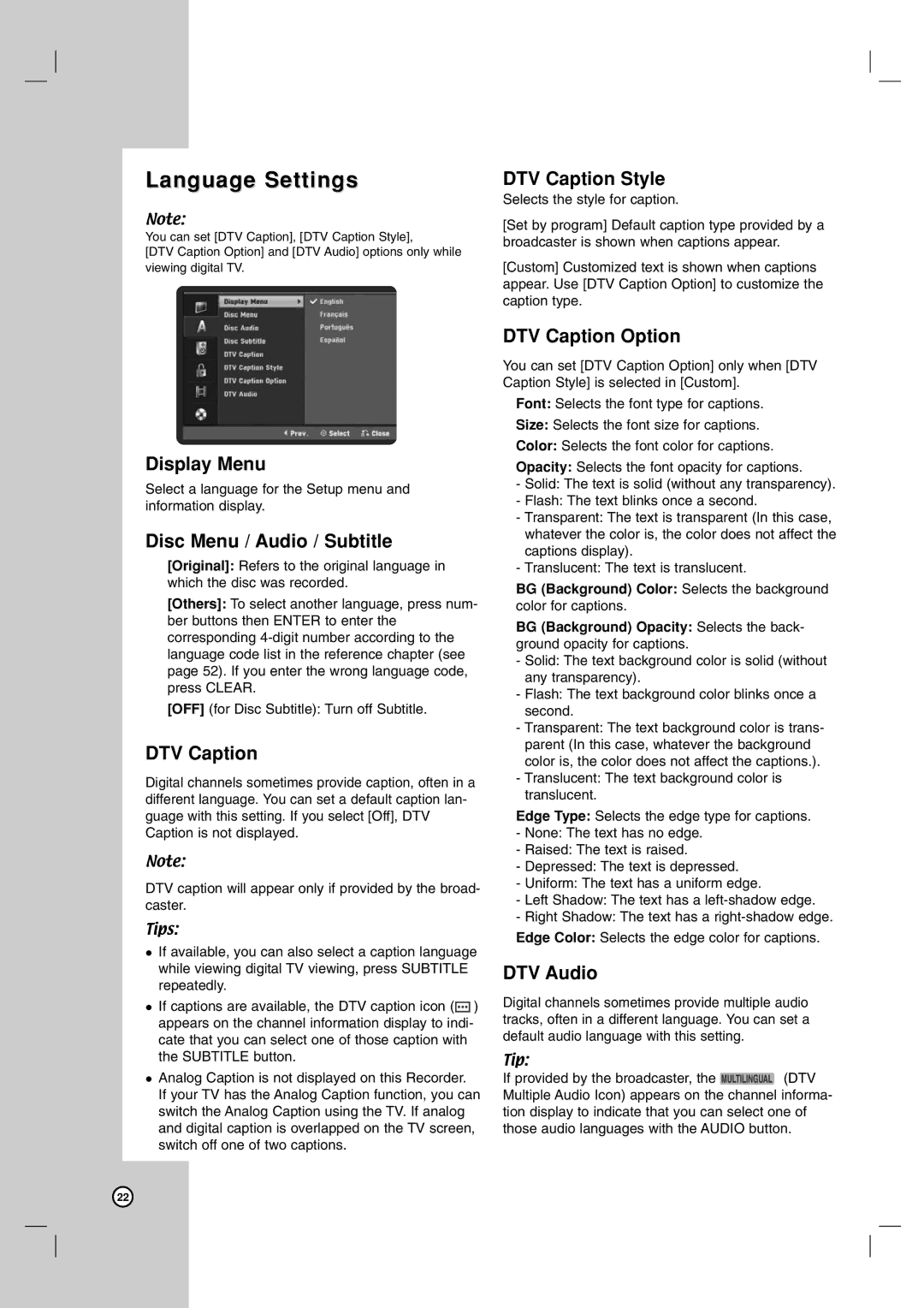 LG Electronics DR787T owner manual Language Settings 