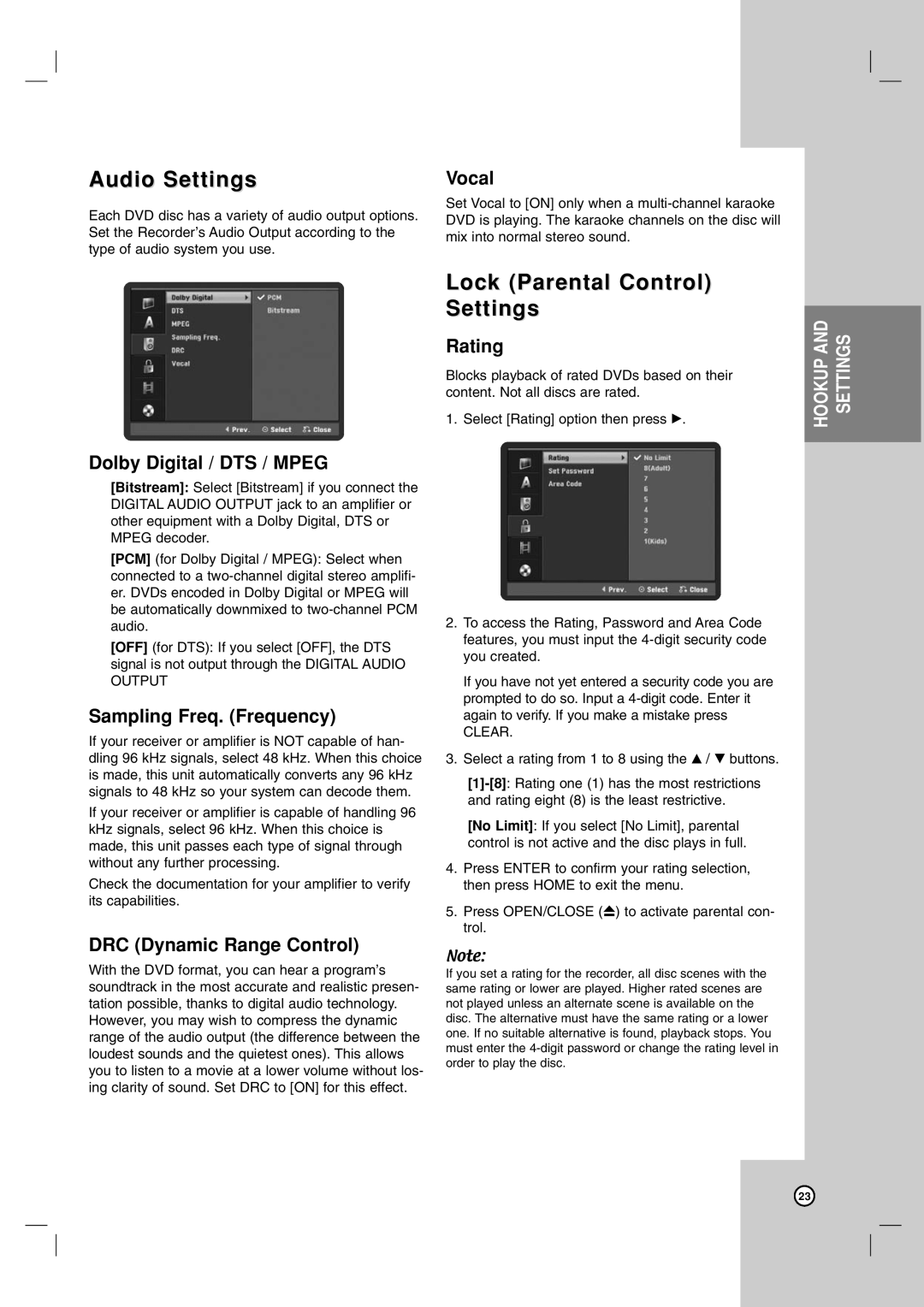 LG Electronics DR787T owner manual Audio Settings, Lock Parental Control Settings 