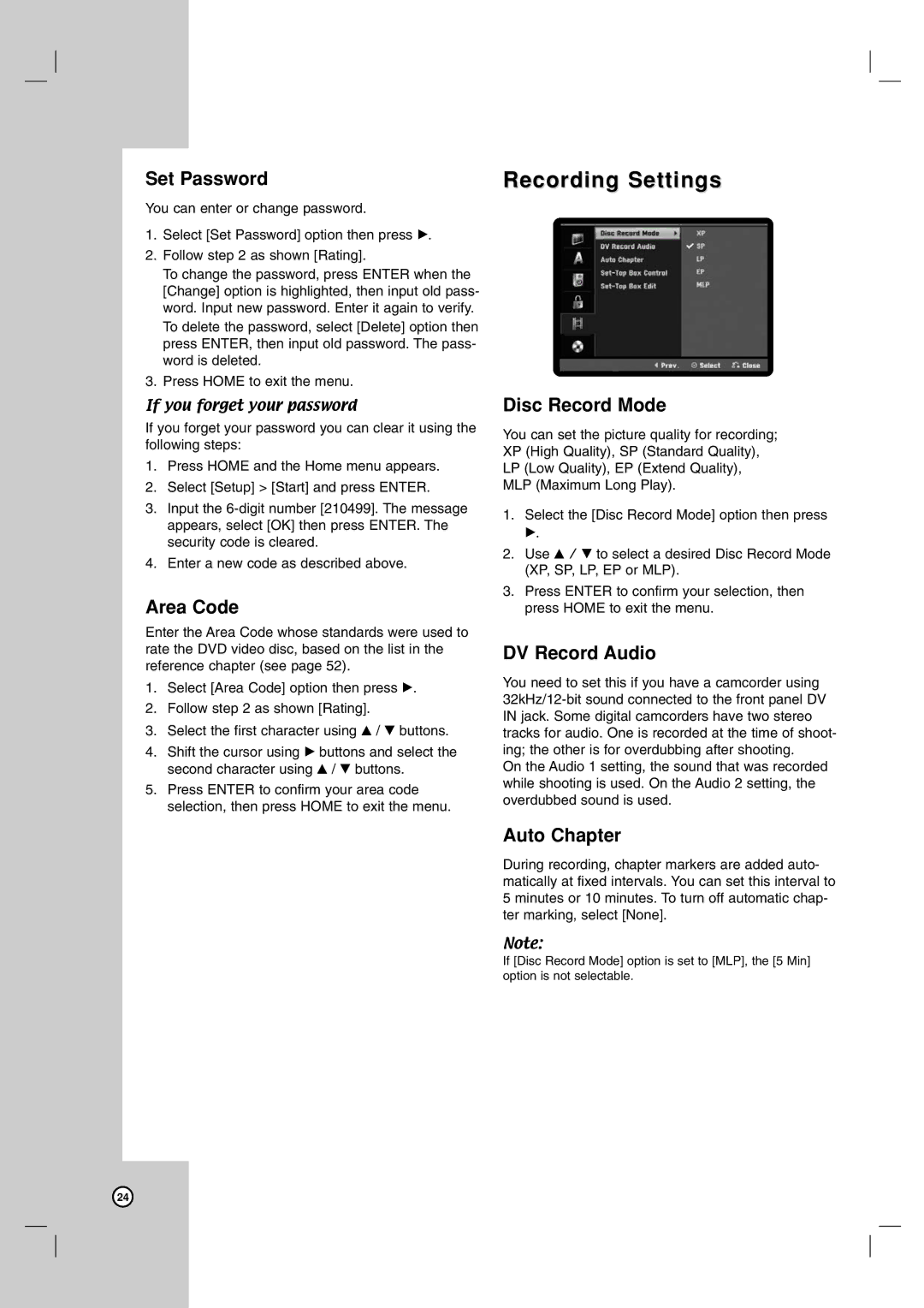 LG Electronics DR787T owner manual Recording Settings 