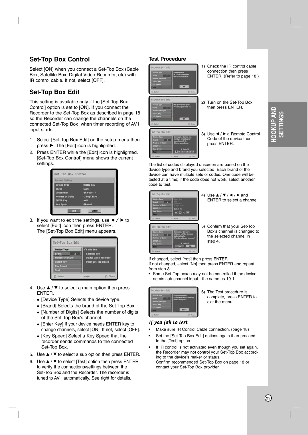 LG Electronics DR787T owner manual Set-Top Box Control, Set-Top Box Edit, Test Procedure 