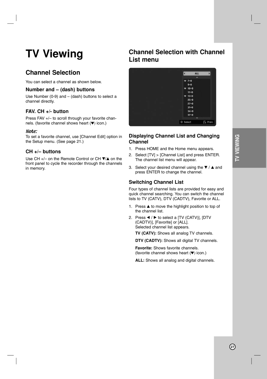 LG Electronics DR787T owner manual TV Viewing, Channel Selection with Channel List menu 