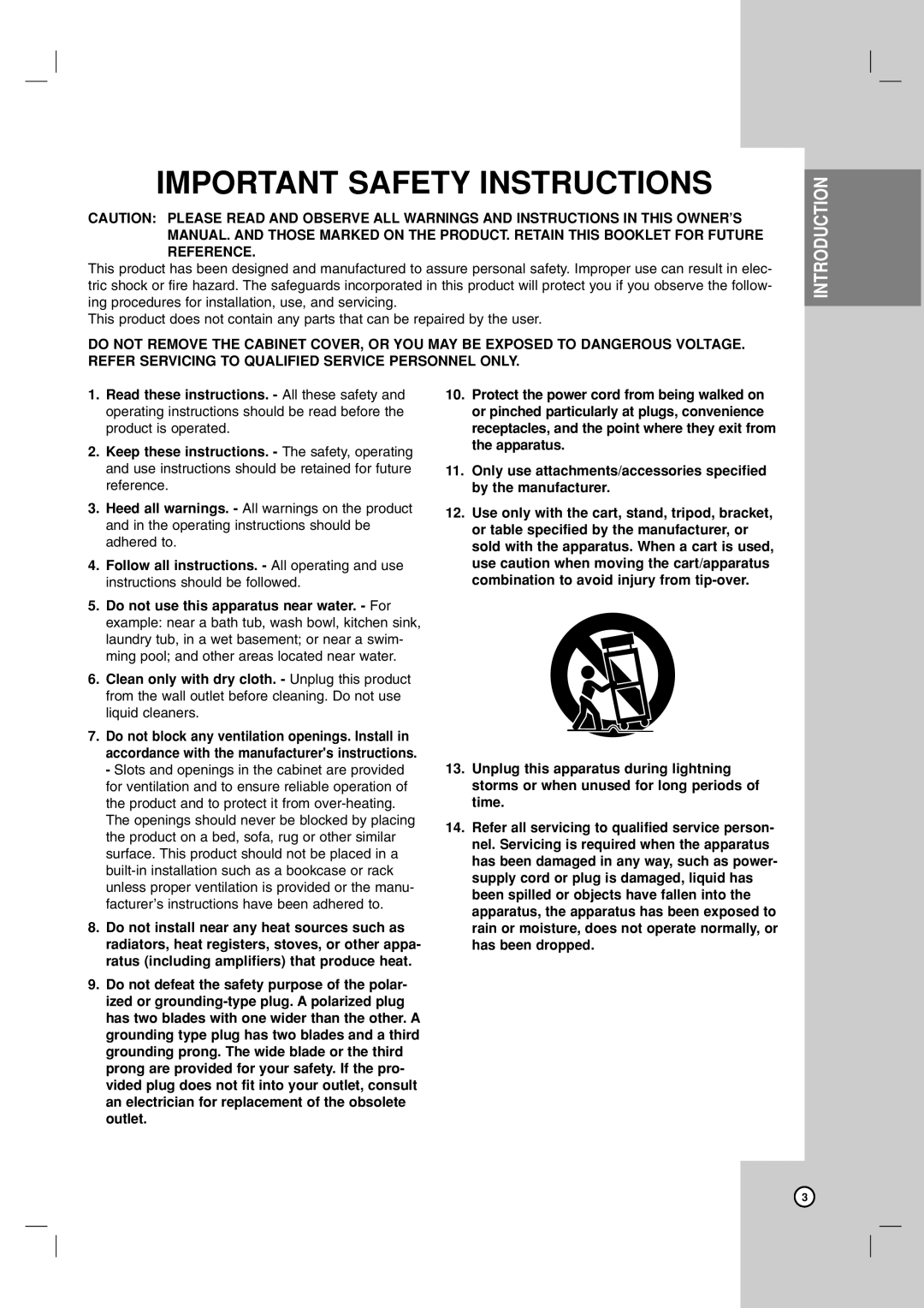 LG Electronics DR787T owner manual Important Safety Instructions 