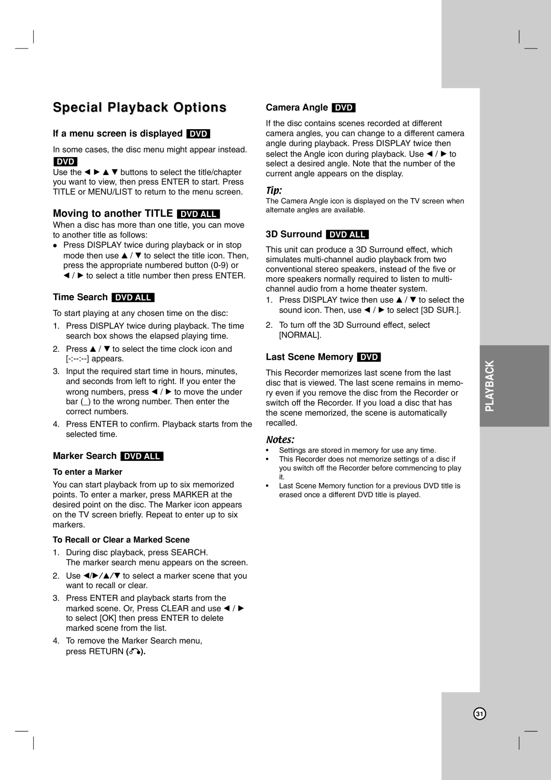 LG Electronics DR787T owner manual Special Playback Options, Moving to another Title DVD ALL 