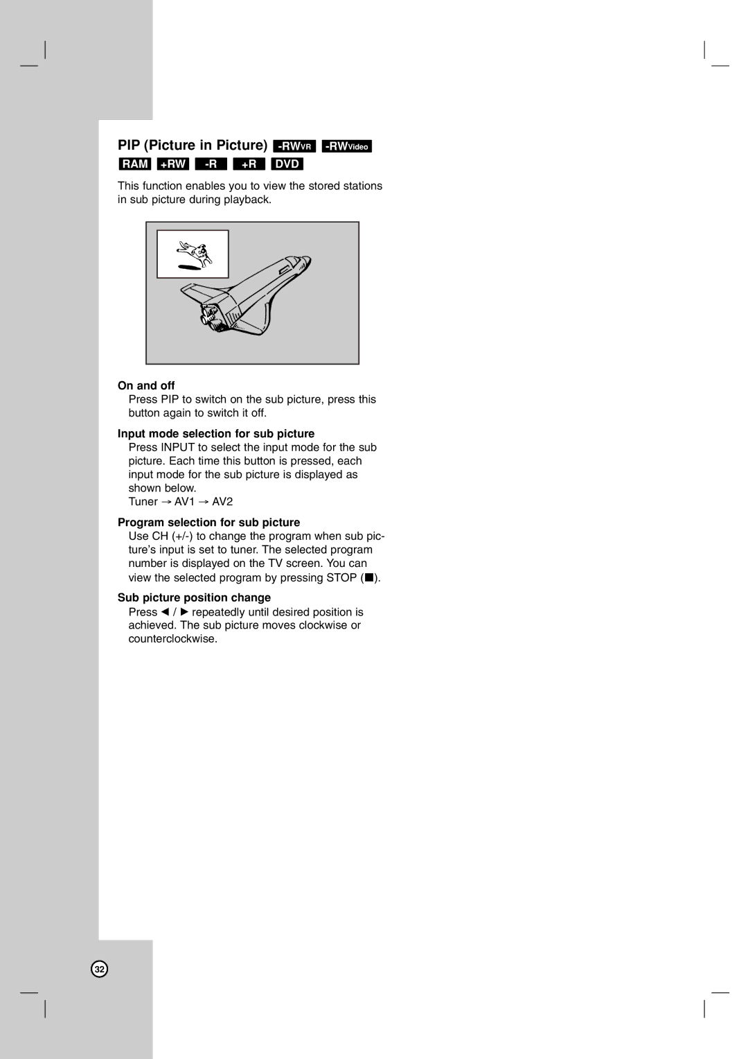 LG Electronics DR787T Ram +Rw -R +R Dvd, On and off, Input mode selection for sub picture, Sub picture position change 