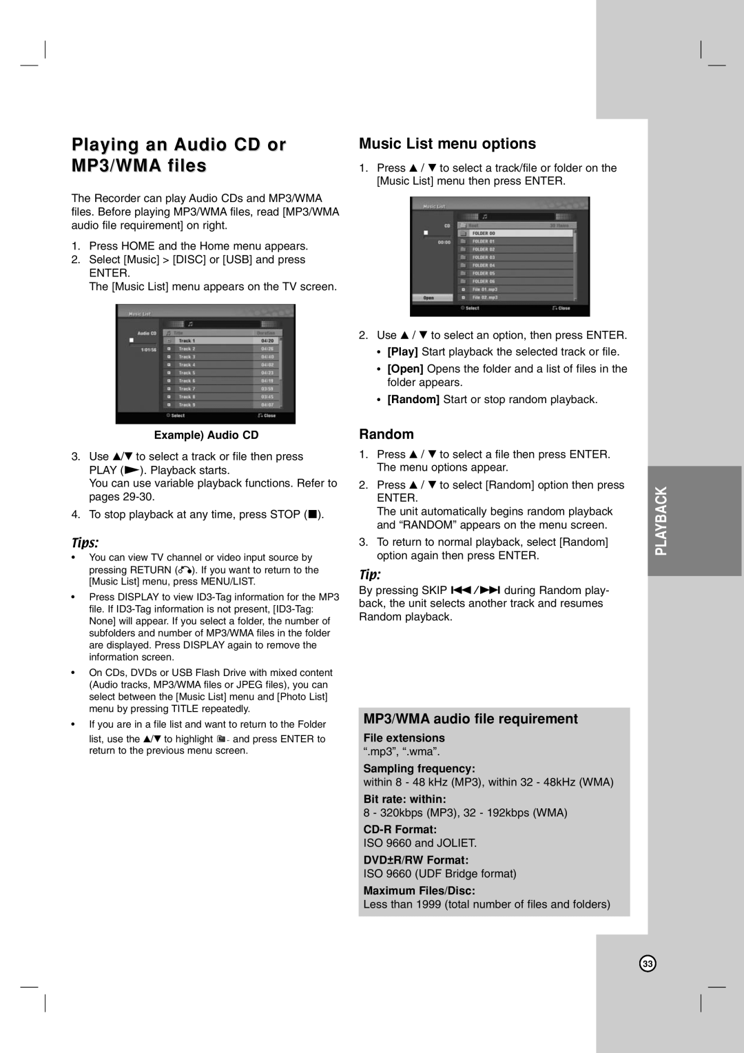 LG Electronics DR787T owner manual Playing an Audio CD or MP3/WMA files, Music List menu options, Random 