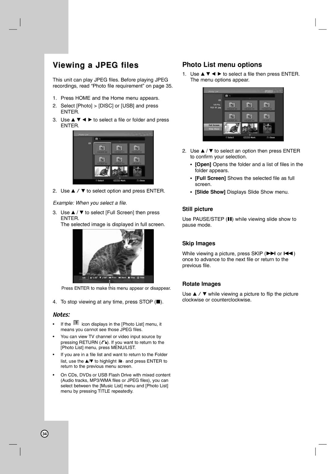 LG Electronics DR787T owner manual Viewing a Jpeg files, Photo List menu options, Still picture, Skip Images, Rotate Images 