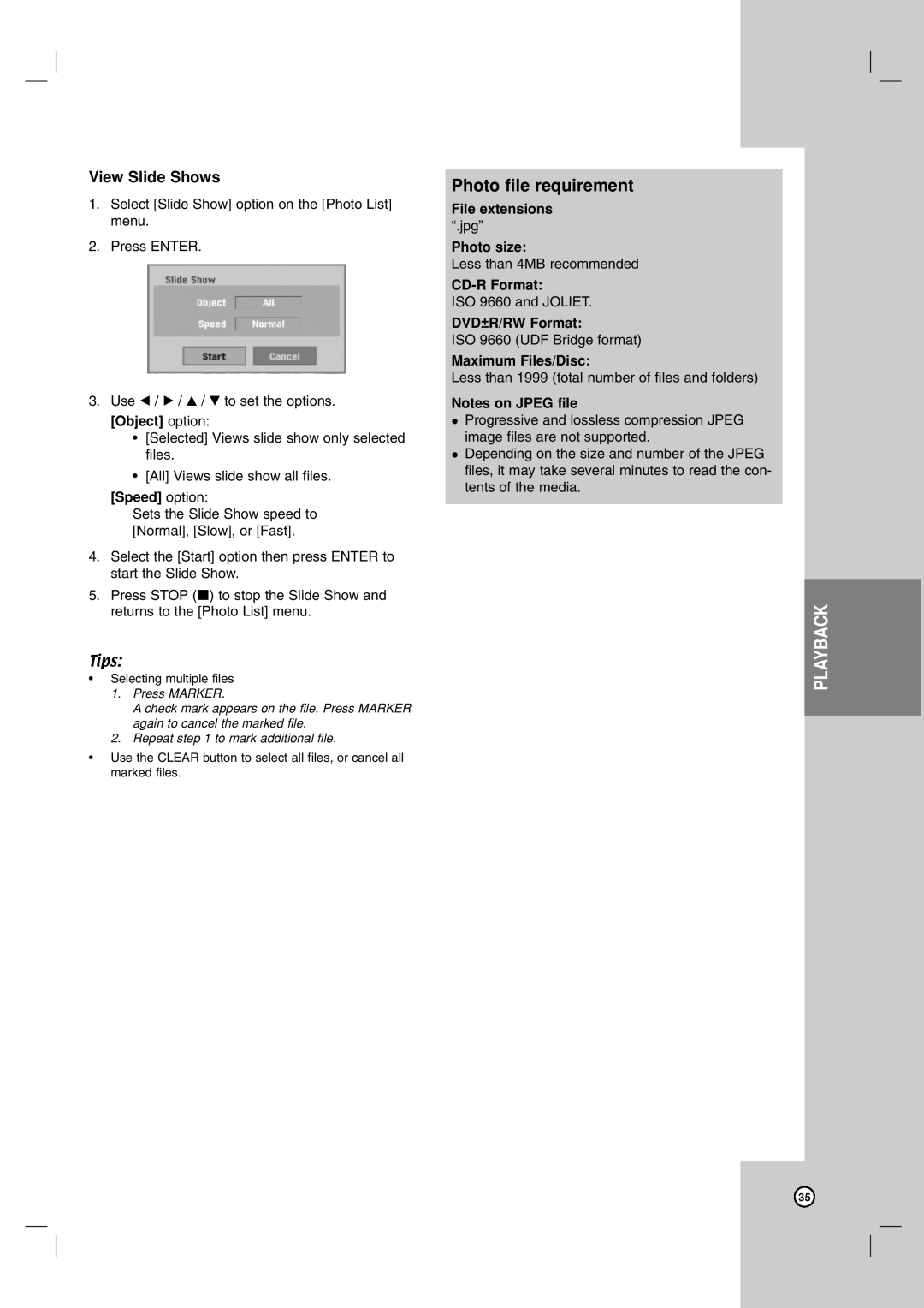 LG Electronics DR787T owner manual Photo file requirement, View Slide Shows, Speed option, Photo size 