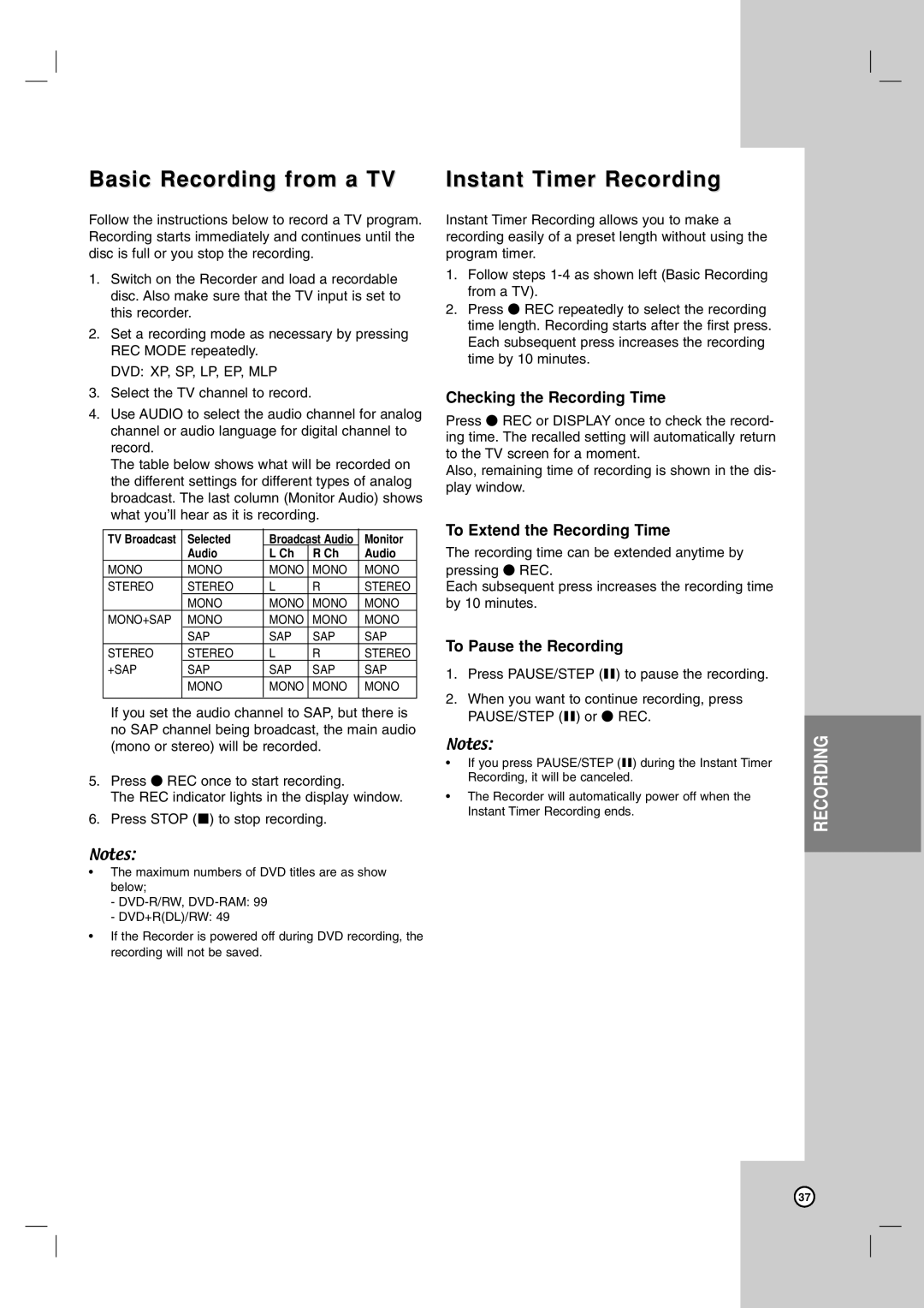 LG Electronics DR787T owner manual Basic Recording from a TV, Instant Timer Recording, Checking the Recording Time 