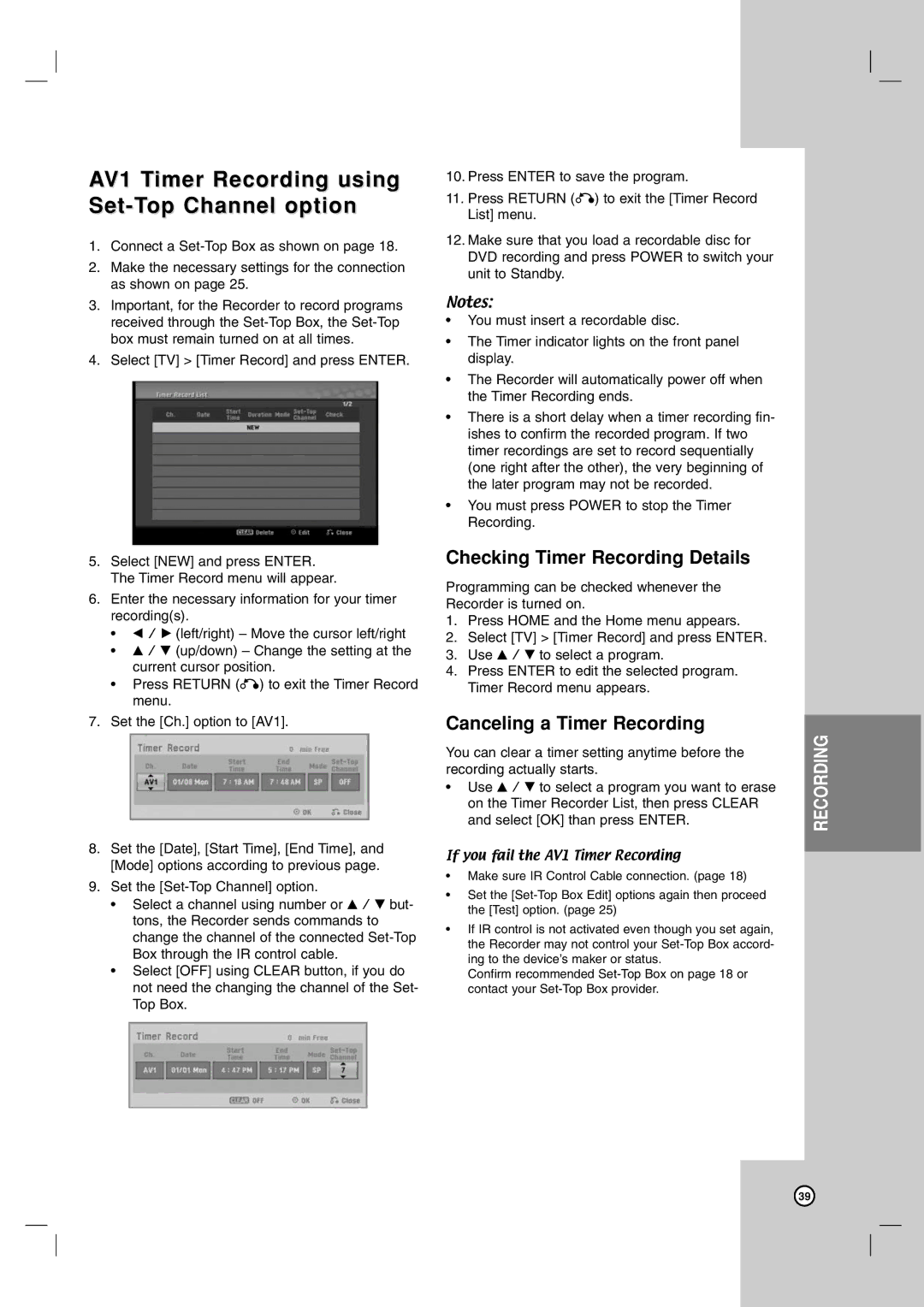 LG Electronics DR787T owner manual AV1 Timer Recording using Set-Top Channel option, If you fail the AV1 Timer Recording 