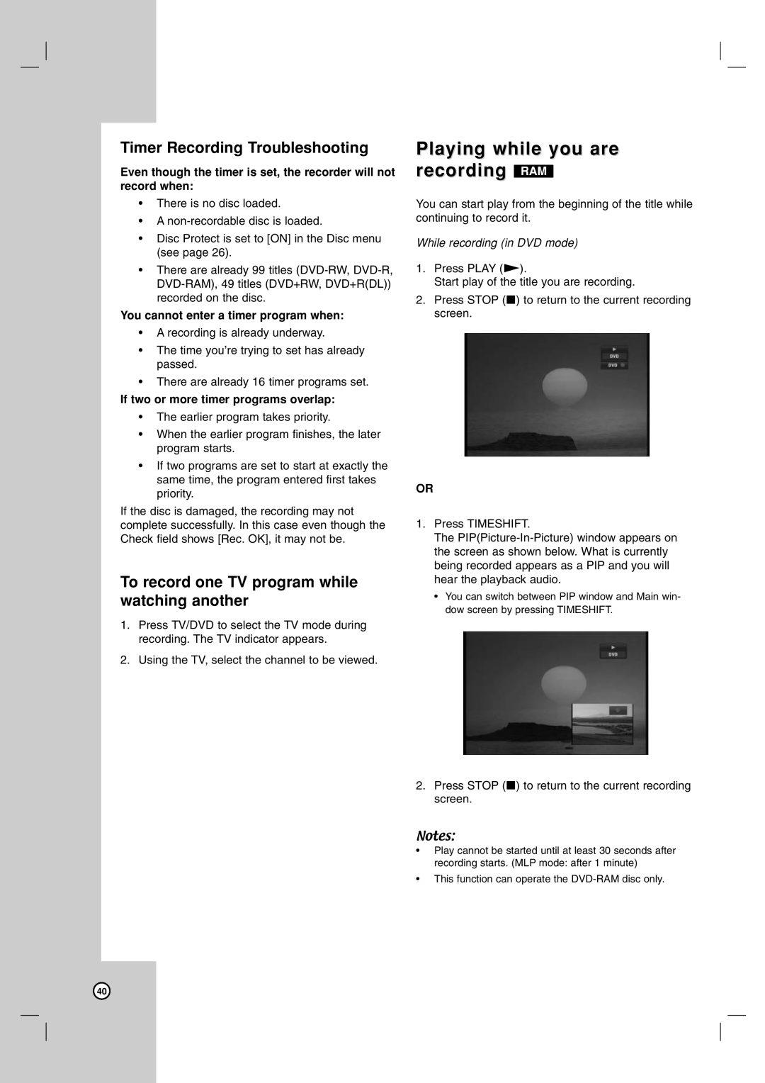 LG Electronics DR787T owner manual Playing while you are recording RAM, Timer Recording Troubleshooting 