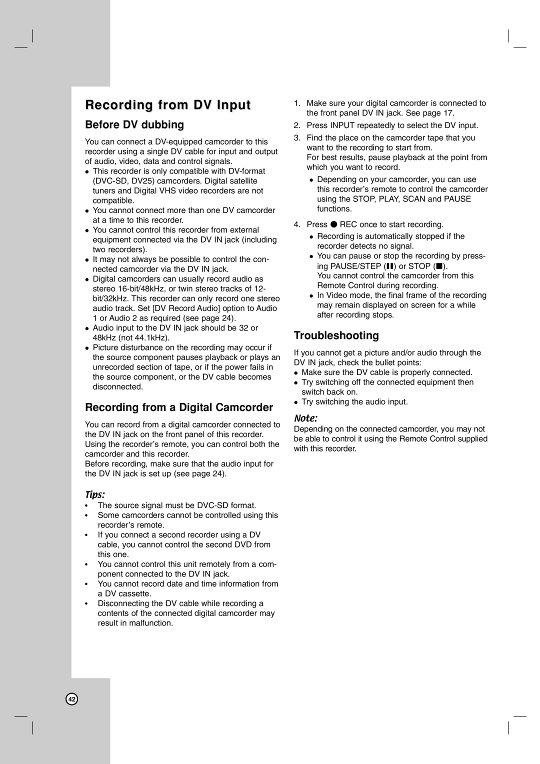 LG Electronics DR787T Recording from DV Input, Before DV dubbing, Recording from a Digital Camcorder, Troubleshooting 