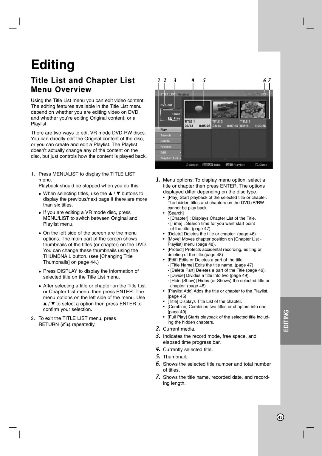 LG Electronics DR787T owner manual Editing, Title List and Chapter List Menu Overview 