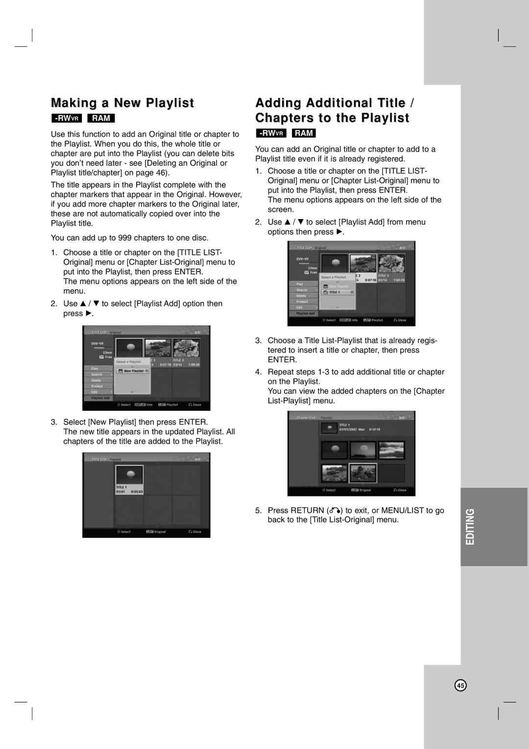 LG Electronics DR787T owner manual Making a New Playlist, Adding Additional Title / Chapters to the Playlist 