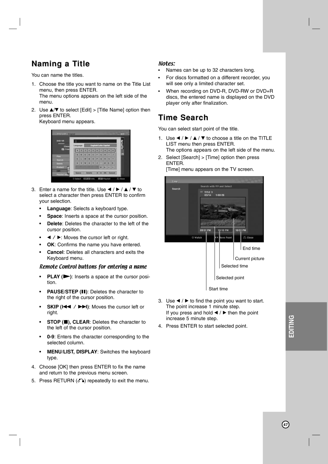 LG Electronics DR787T owner manual Naming a Title, Time Search 