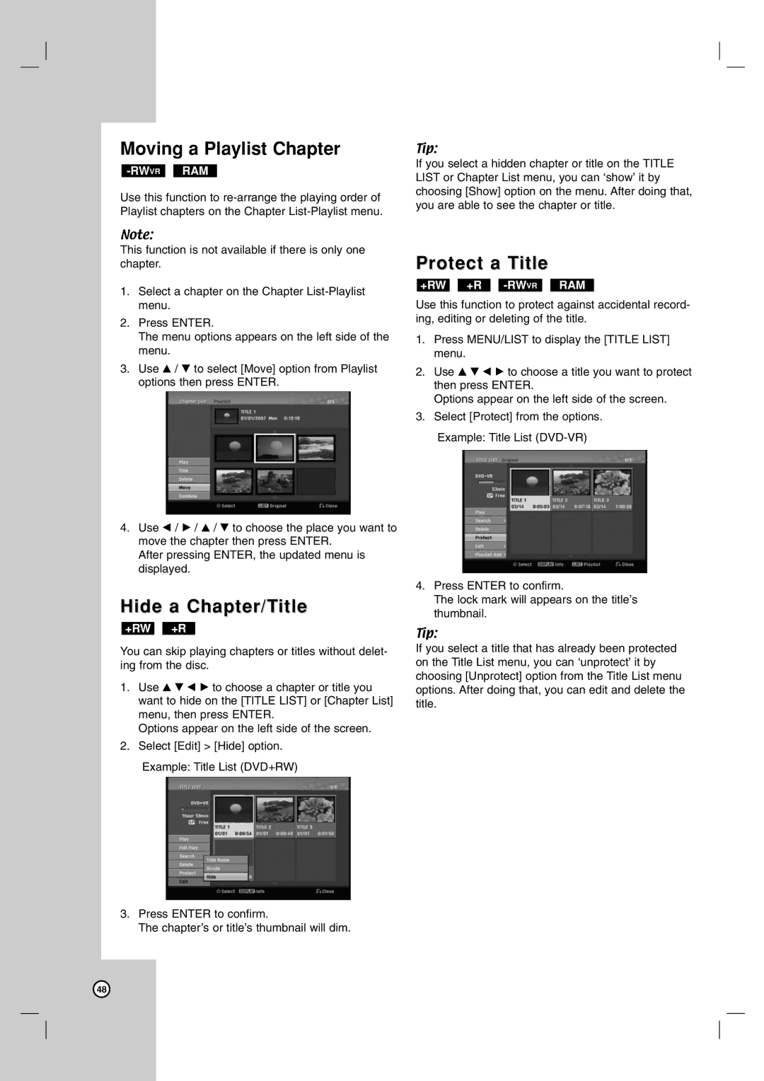 LG Electronics DR787T owner manual Moving a Playlist Chapter, Hide a Chapter/Title, Protect a Title, +Rw +R -Rwvrram 