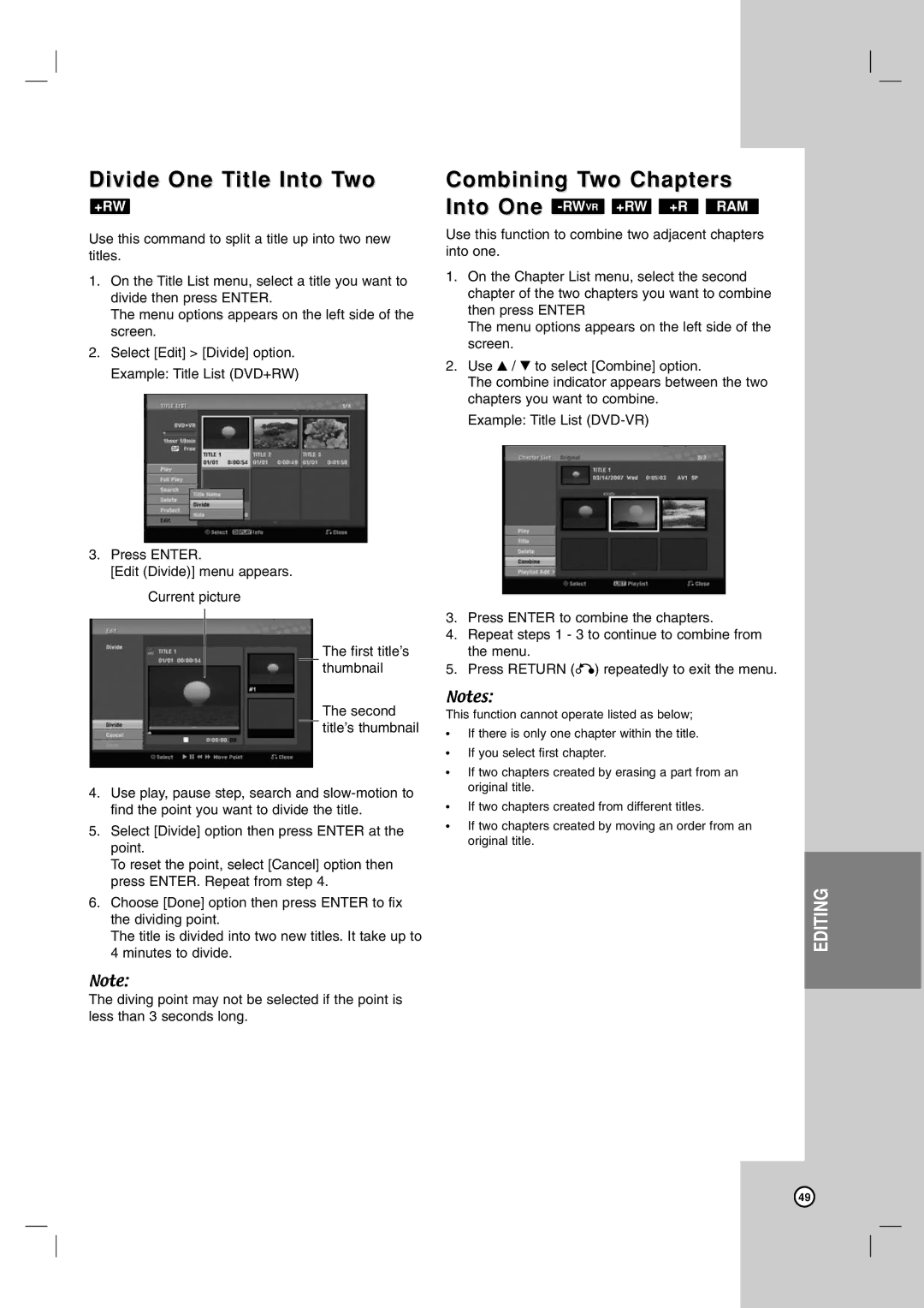 LG Electronics DR787T owner manual Divide One Title Into Two, Combining Two Chapters, +Rw 