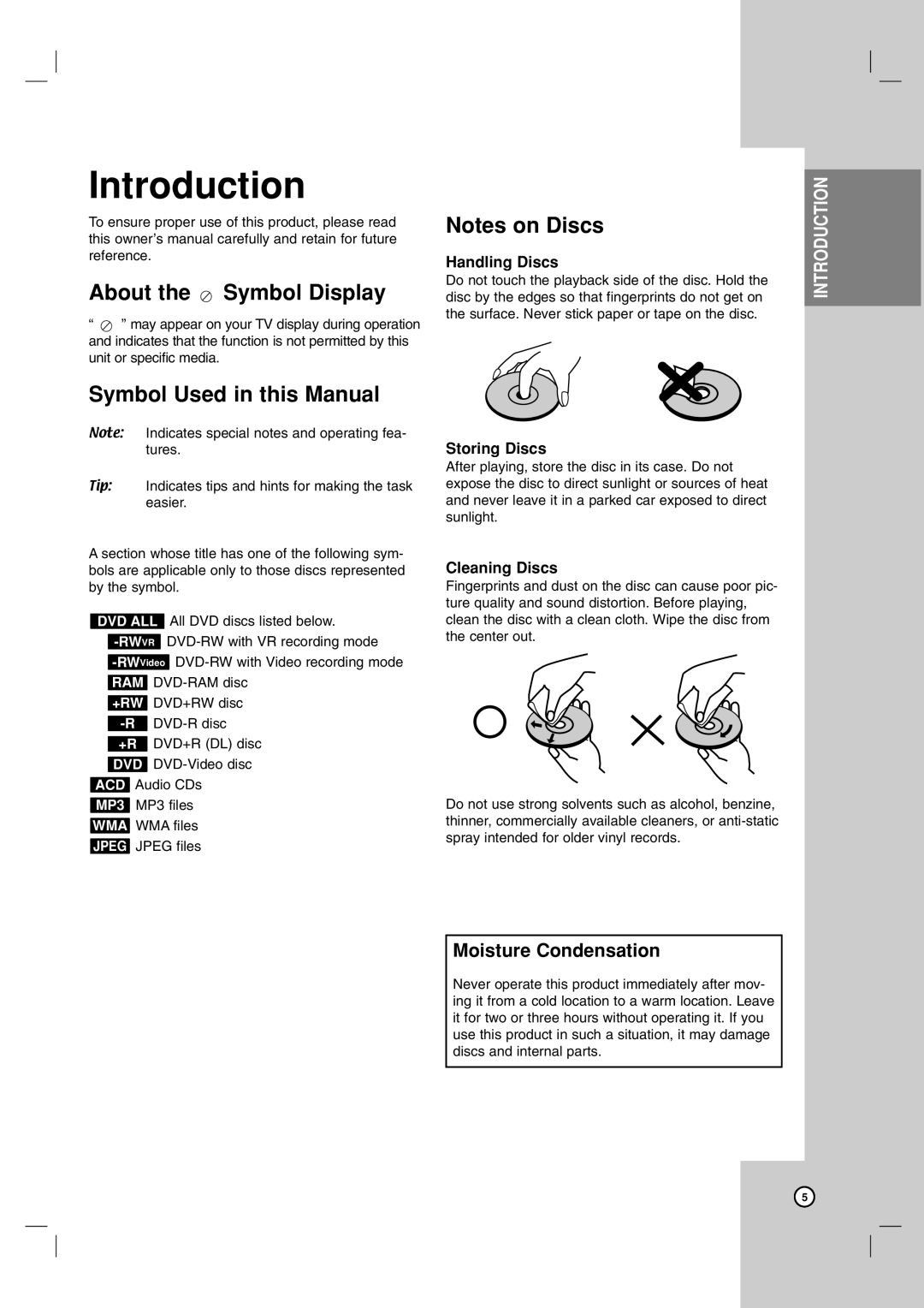 LG Electronics DR787T Introduction, About the Symbol Display, Symbol Used in this Manual, Moisture Condensation 