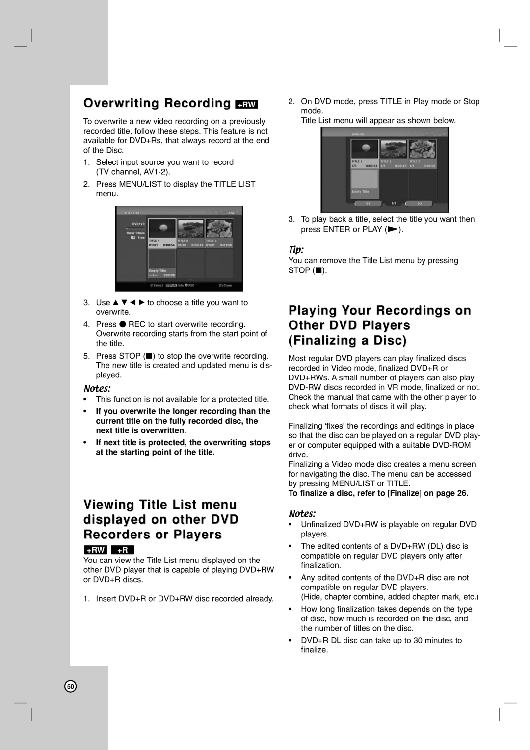 LG Electronics DR787T owner manual Overwriting Recording +RW, To finalize a disc, refer to Finalize on 