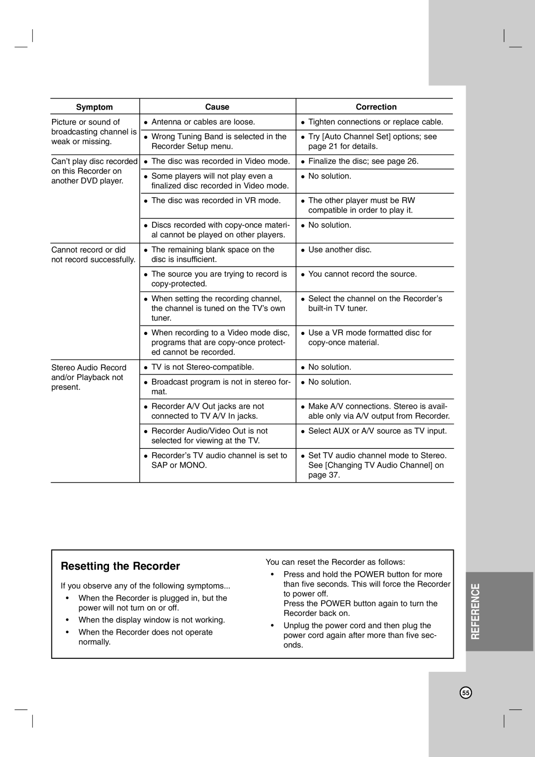 LG Electronics DR787T owner manual Resetting the Recorder 