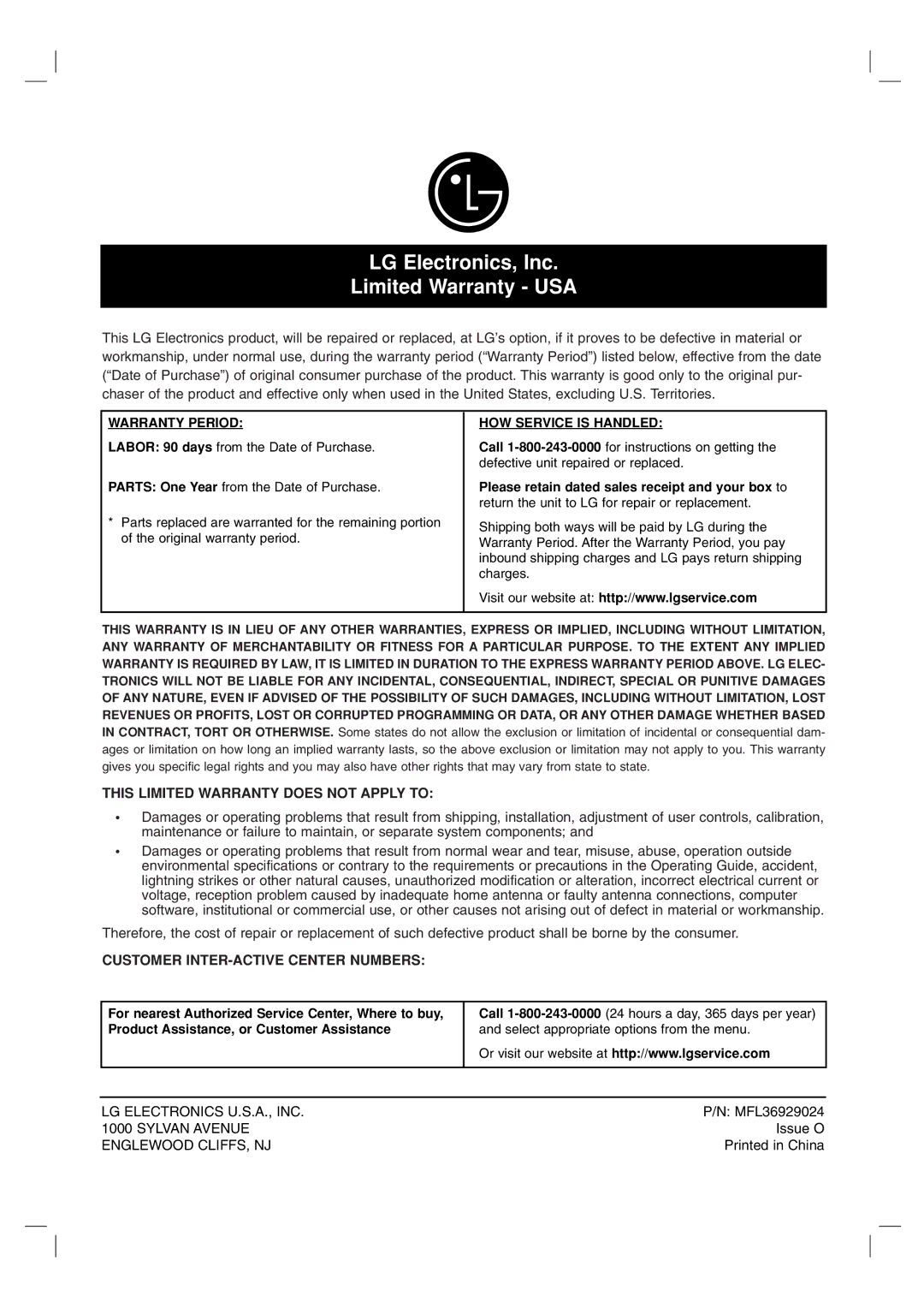 LG Electronics DR787T owner manual LG Electronics, Inc Limited Warranty USA 