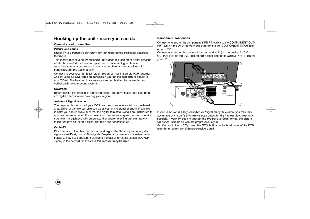 LG Electronics DRT389H manual Hooking up the unit more you can do, General about connection, Component connection 