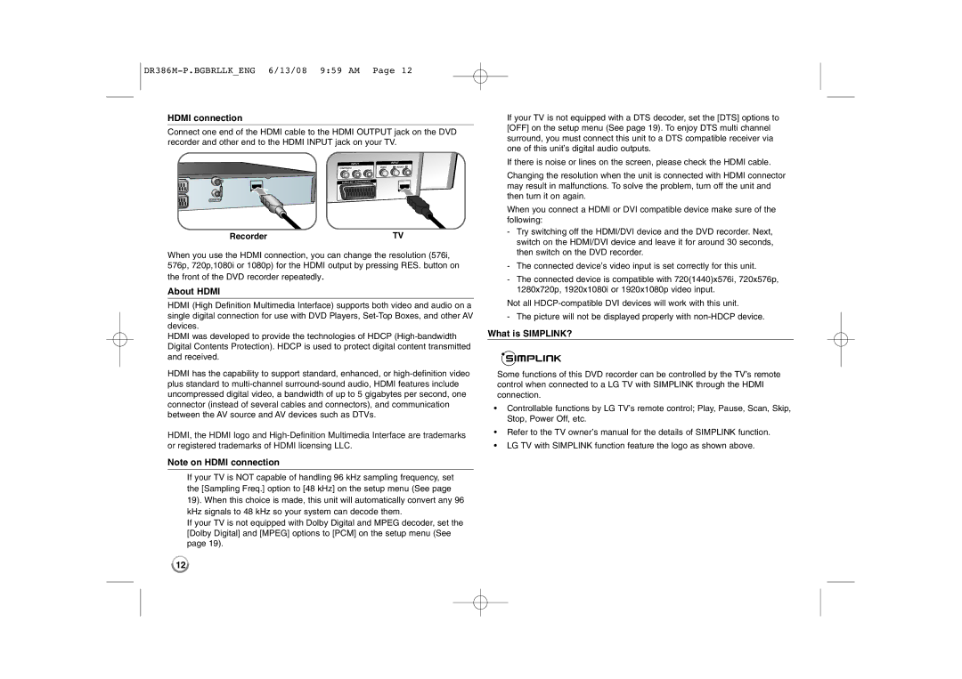 LG Electronics DRT389H manual Hdmi connection, About Hdmi, What is SIMPLINK?, Recorder 