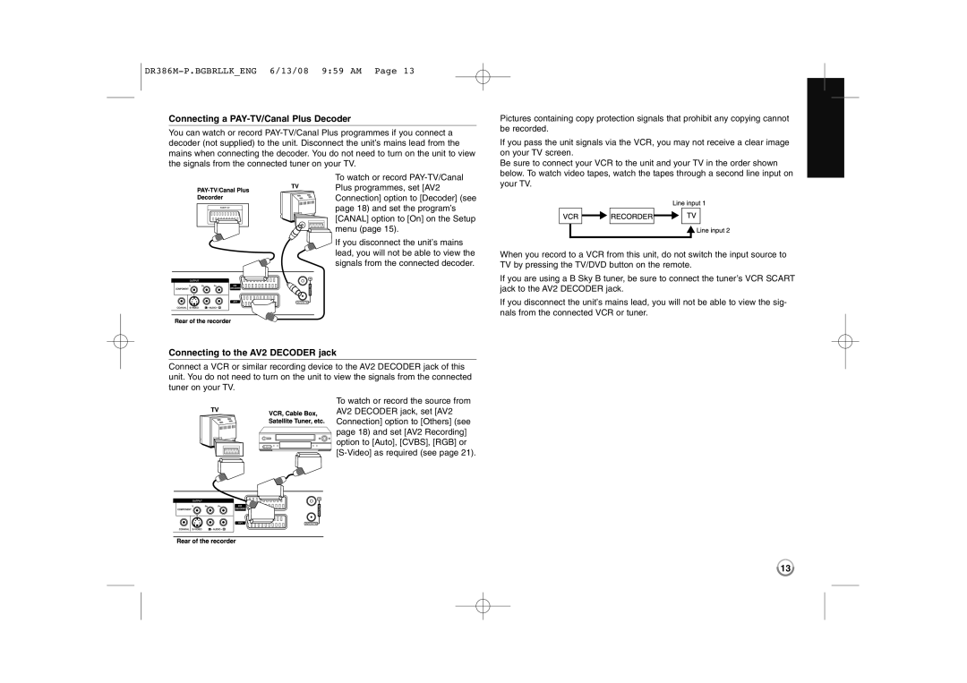 LG Electronics DRT389H manual Connecting a PAY-TV/Canal Plus Decoder, Connecting to the AV2 Decoder jack 