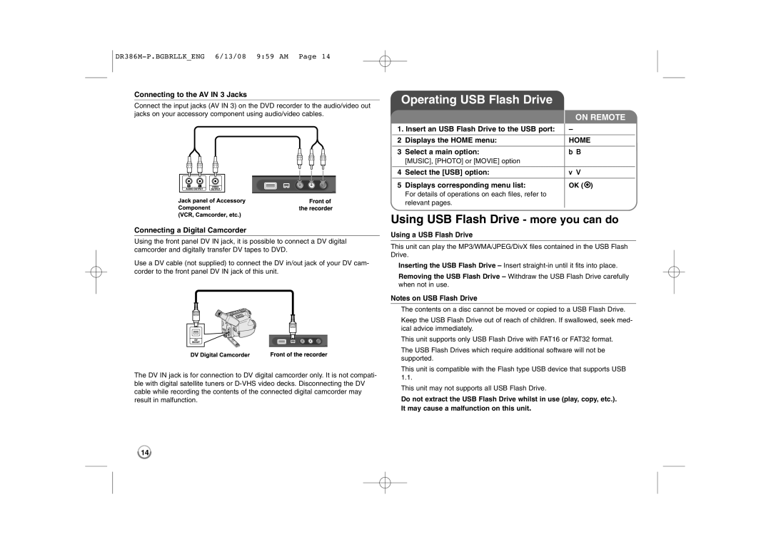 LG Electronics DRT389H manual Operating USB Flash Drive, Using USB Flash Drive more you can do 