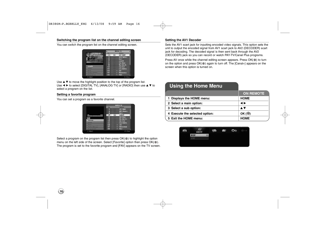 LG Electronics DRT389H manual Using the Home Menu, Setting a favorite program 