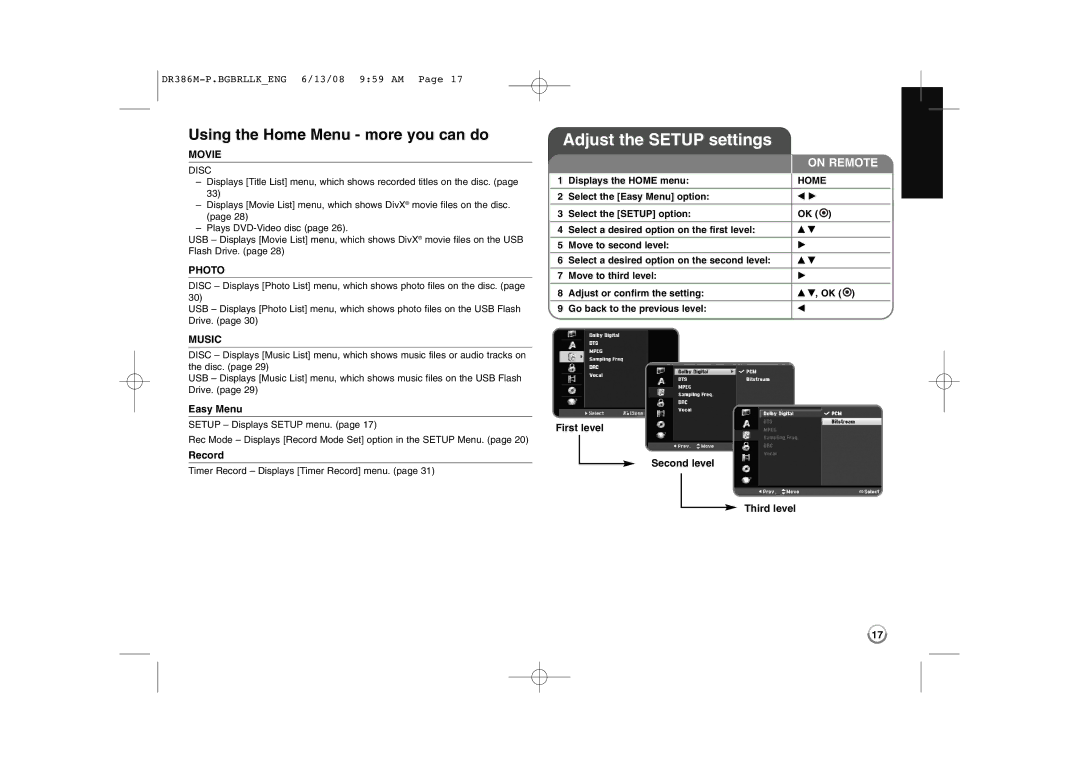 LG Electronics DRT389H manual Adjust the Setup settings, Using the Home Menu more you can do, Easy Menu, Record 