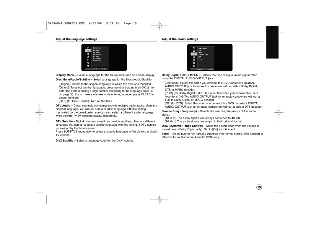 LG Electronics DRT389H manual Adjust the language settings Adjust the audio settings 