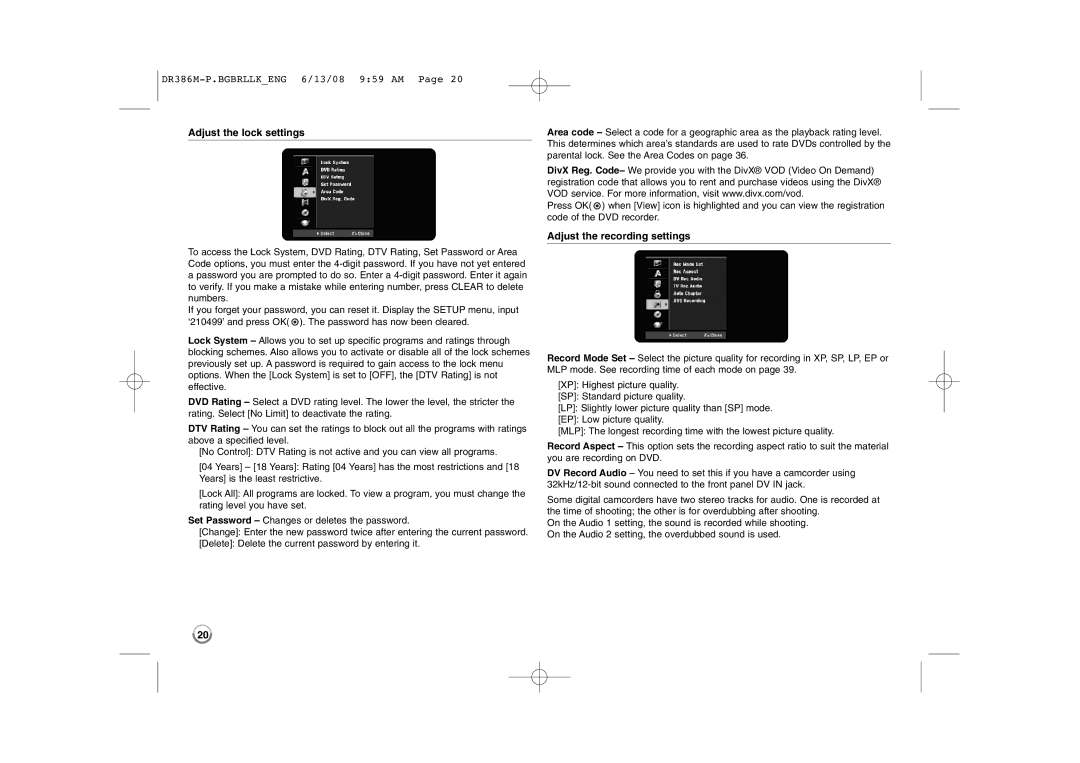 LG Electronics DRT389H manual Adjust the lock settings, Adjust the recording settings 