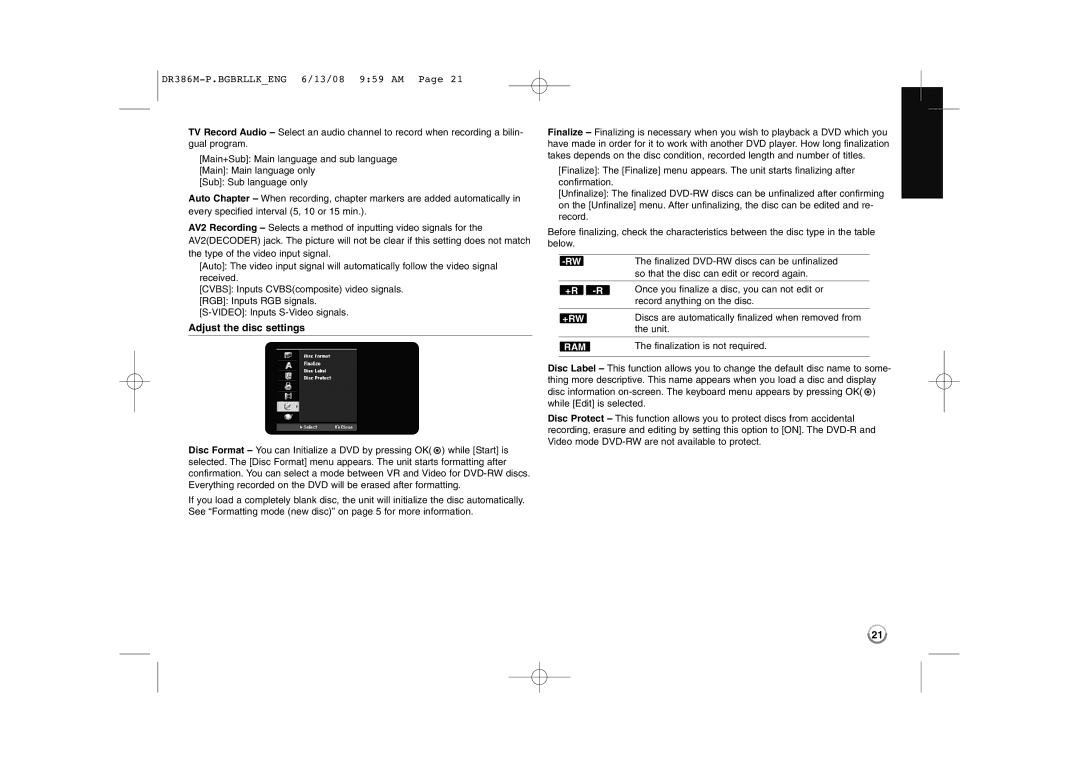 LG Electronics DRT389H manual Adjust the disc settings, Ram 