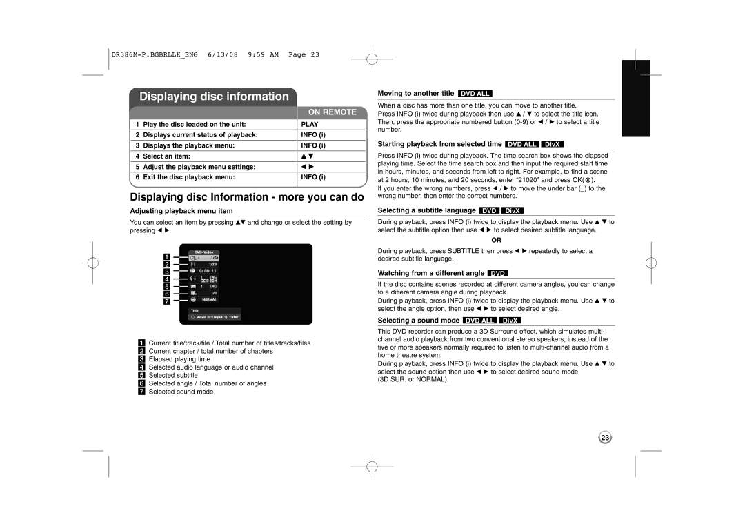 LG Electronics DRT389H manual Displaying disc information, Displaying disc Information more you can do 