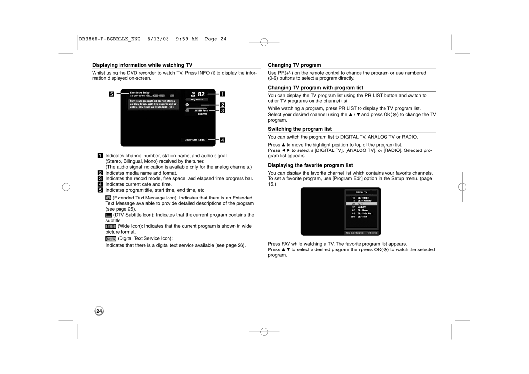 LG Electronics DRT389H manual Displaying information while watching TV, Changing TV program, Switching the program list 